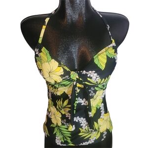 Hula Honey Yellow Floral Halter Bikini Swim Top L